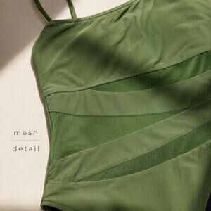 Olive Green One Shoulder Mesh Cutout One Piece Swimsuit Large